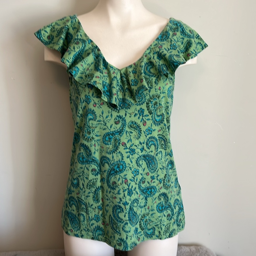Chaps Green and Blue Paisley Ruffle Blouse